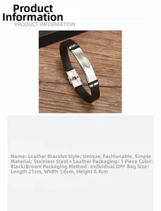 Vista dettagliata del bracciale in pelle marrone con piastra in acciaio inox e misure