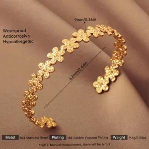 Detailed specs of 18K gold plated stainless steel floral cuff with 62mm inner diameter