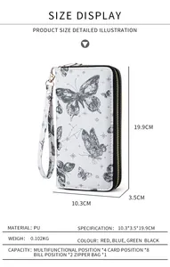 Detailed size specifications of white PU leather long wallet with butterfly pattern