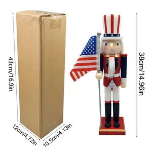 38cm Uncle Sam nutcracker soldier with US flag and kraft box dimensions on white background