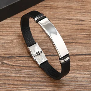 Bracciale sportivo da uomo in acciaio inossidabile lucido e pelle nera su legno