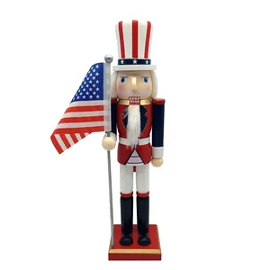 Detailed view of Uncle Sam wooden nutcracker with stars and stripes hat and flag
