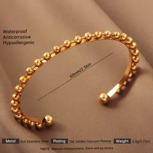 18K gold plated stainless steel open beaded bracelet with 60mm diameter and glossy finish