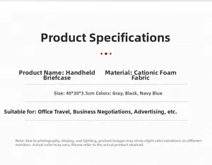 Detailed spec sheet showing materials and dimensions of the padded business briefcase