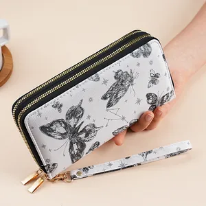 Women Long Wallet Double Layer Zipper PU Leather Butterfly Star Print Fashionable Clutch Purse With Wrist Strap Organized Card Holder Handbag