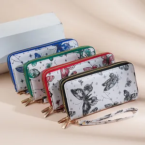 Double zipper long wallet with butterfly constellation print and detachable wristlet