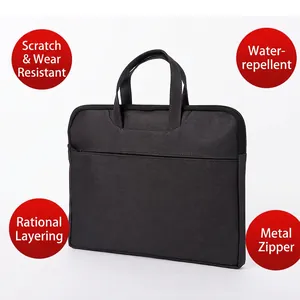 Large capacity black business briefcase with dual handles and waterproof padded fabric
