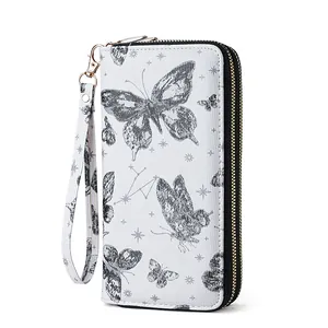 Women's long quilted double zipper wallet with butterfly print and wristlet strap