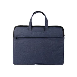 Deep blue padded laptop bag with front zipper pocket and reinforced top handles