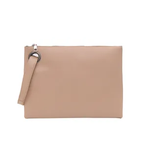 Beige lizard embossed envelope clutch bag with hand strap and metal ring detail