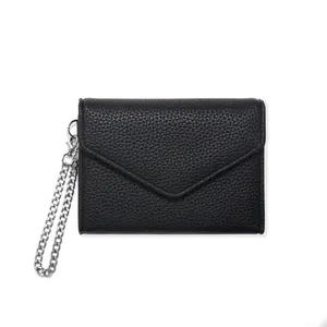 Slim black lychee pattern leather wristlet envelope wallet with silver chain strap