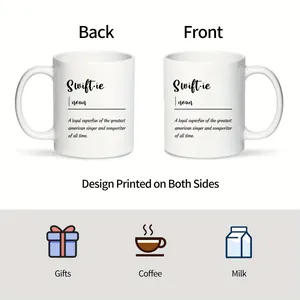 Detail of 11oz ceramic mug with Swiftie print on both sides for coffee and milk