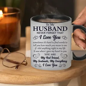 Detail of 11oz ceramic mug for husband with printed message and elegant floral art