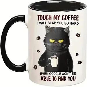 11oz ceramic black and white coffee mug with creative cartoon cat print and slogan