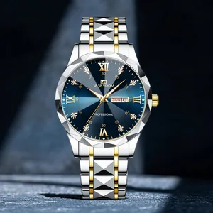 Men's two-tone gold and silver watch with blue sunray dial and diamond markers