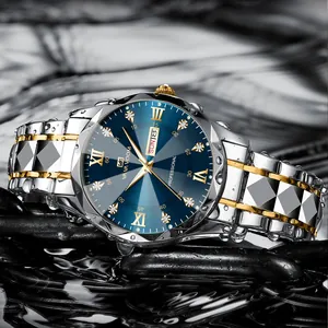 Waterproof business watch with diamond-cut metal strap and sunray blue dial for men