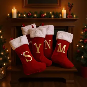 Calza di Natale Con 26 Lettere Alfabeto Personalizzato Decorazione Appesa Calzino Ricamato Rosso Grigio Sacchetto di Caramelle Regalo per Arredamento Casa Festa