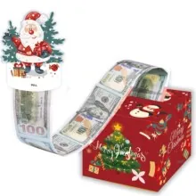 Detail of Christmas money pulling gift box with festive Santa topper and plastic cash rolls