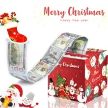Detail of Christmas money pull box with Merry Christmas graphics and clear dollar sleeves
