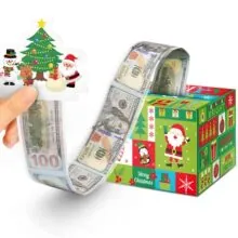 Detail of Christmas money pulling gift box with festive patterns and fake bills