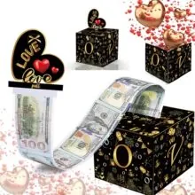 Black surprise money pull box with gold LOVE heart handle and clear plastic bill sleeves