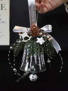 Detailed Christmas glass bell ornament with pine cones, wooden horse and silver bow