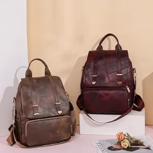 Retro Damen Rucksäcke in Braun und Weinrot mit großer Kapazität und Vintage Lederstruktur
