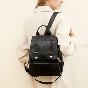 Klassischer schwarzer Damenrucksack aus PU-Leder im Vintage-Stil mit großem Fassungsvermögen