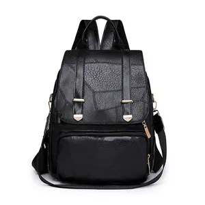 Damen Vintage-Rucksack aus schwarzem Kunstleder mit großem Fassungsvermögen und Patchwork-Design