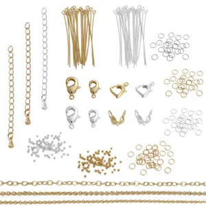 Macro view of gold and silver jewelry making findings like lobster claws and jump rings