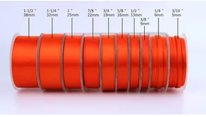 Size chart showing ten different widths of orange satin polyester ribbon from 5mm to 38mm