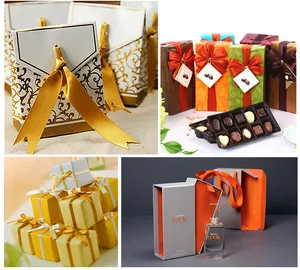Collage of diverse gift boxes and bags featuring premium satin ribbons and bows