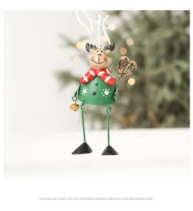Retro hand-painted metal reindeer ornament with bell and heart for Christmas tree