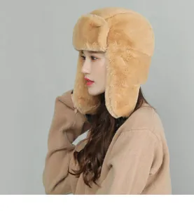Detailed side view of khaki plush aviator hat with soft faux fur lining for winter