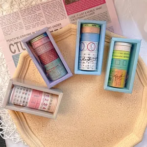 Close-up of vintage washi tape set with retro patterns and Morandi colors for DIY scrapbooking