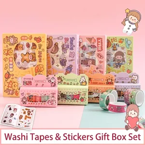 Detail of waterproof cartoon washi tape set with stickers for DIY journal decoration