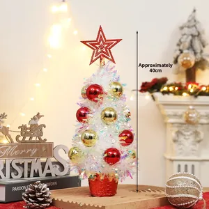 Mini 40cm white iridescent Christmas tree with red and gold ornaments and star topper