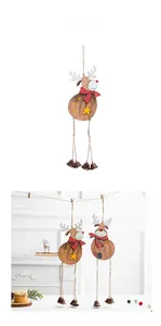 Detailed view of wooden Christmas reindeer hanging ornaments with vintage metal bells