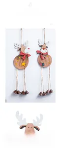 Detailed macro view of a wooden Christmas reindeer ornament with scarf and bells