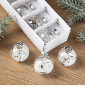 Set of clear Christmas glass ball ornaments with snowflake fillings in a gift box