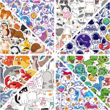 Detail of assorted cartoon cowboy vinyl stickers with animals and dinosaur themes