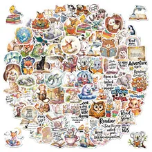 Macro shot of waterproof animal reading stickers with colorful cartoon fox and bear designs