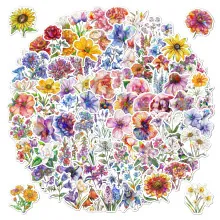 Watercolor hand-painted floral stickers set featuring sunflowers and roses on white background