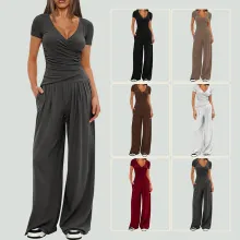 Close-up of ribbed V-neck wrap top and wide-leg pants in six assorted colors