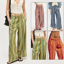 Detail view of high waist striped wide-leg pants in multi-color cotton linen fabric