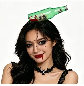 Detail showing a Halloween headband with green bloody beer bottle and black choker