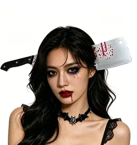 Close-up of Halloween headband featuring realistic blood-stained cleaver through the head