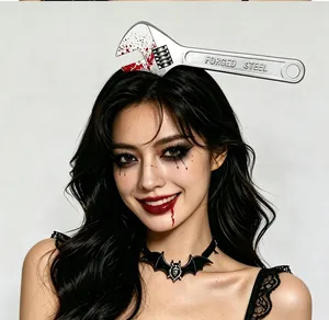 Close-up of a bloody wrench headband and bat choker for Halloween zombie horror costume
