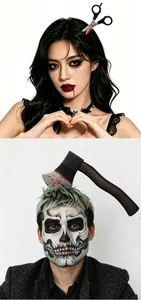 Detail of Halloween bloody headband props featuring plastic scissors and axe on a white background