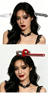 Detail of Halloween bloody cleaver headband and gothic lace choker for zombie cosplay costume